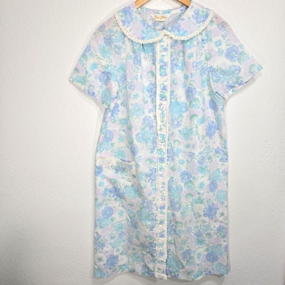 Dan-Ellen 80s Floral Lace Snap House Coat Night Gown Large